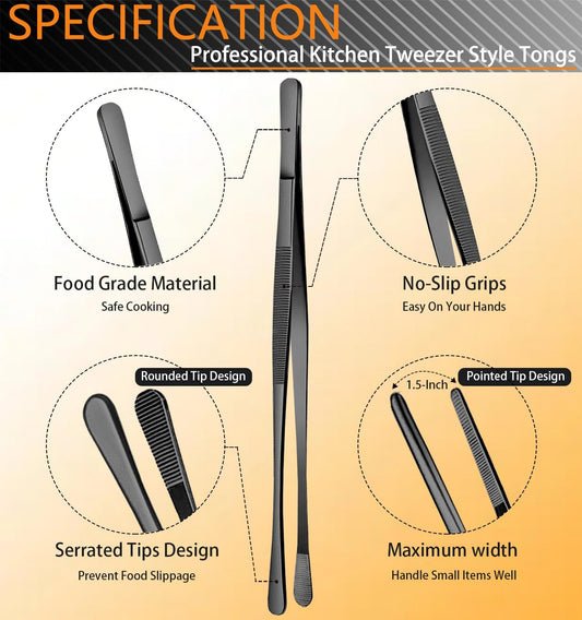 JETKONG 6 Pcs Cooking Tweezer Tongs, 12'' and 6.3" Stainless Steel Kitchen Tweezer Set, Professional Chef Tweezers for Cooking, Repairing, Sea Food, BBQ, Multi-use