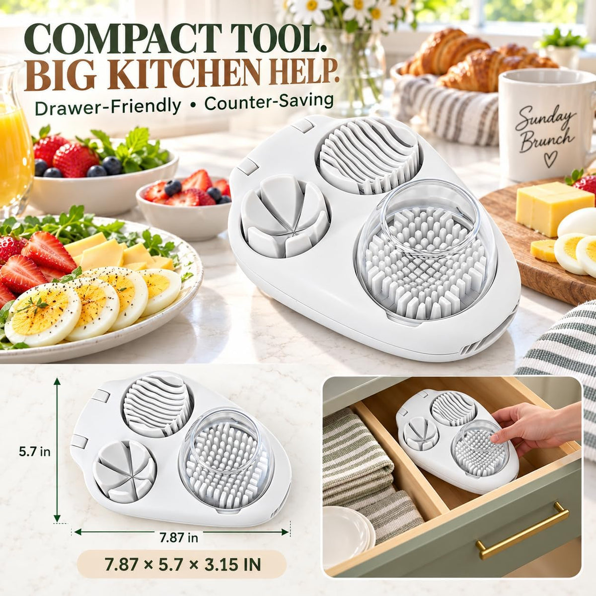 3 In 1 Egg Slicer for Hard Boiled Eggs,3 Slice Modes Egg Cutter,Stainless Steel Dicer for Strawberry Mushroom Grape Cherry, Multifunctional Food Cutter Slicer for Home Kitchen Chopper Gadgets (White)