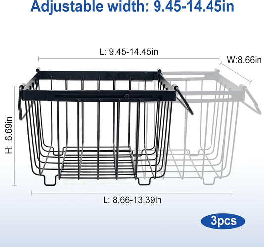 3Pack Freezer Organizer Bins, Stackable Chest Deep Freezer Storage Containers, Expandable Freezer Baskets with Handle fit 5cu.Ft 7cu.Ft Freezer, Fridge, Pantry (Black-3Pack)