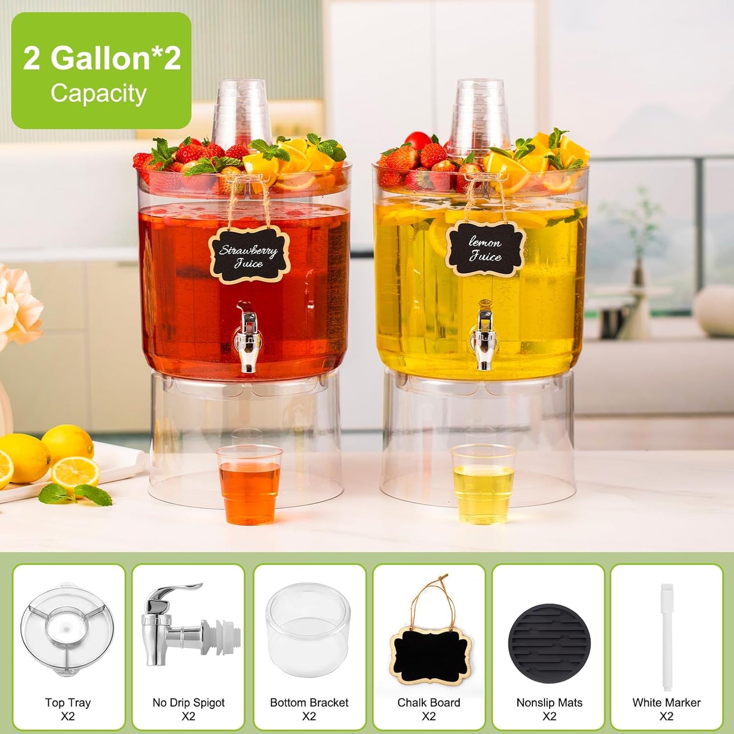 2 Gallon Beverage Dispenser for Parties, BPA-Free Drink Dispenser with No Drip Spigot, Juice Dispensers with Stand, Transparent Plastic Water Dispenser Countertop for Punch, and Drink Fountains