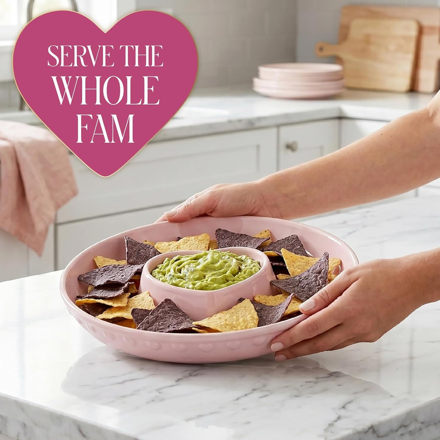 Paris Hilton Chip and Dip Serving Tray, Finely Crafted Stoneware with Heart-Shaped Dipper, Embossed Hearts, Microwave and Dishwasher Safe Stoneware, 12-Inch, Pink