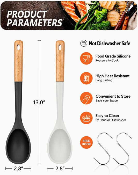 Badiano Large Silicone Cooking Spoons, Nonstick Solid Wooden Handle, 13.2"
