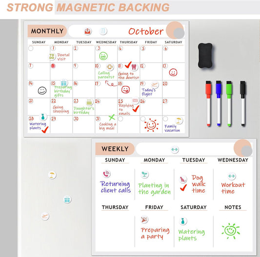 ARVOK 2 Pack A3 Magnetic Calendar for Refrigerator - 16.5"x11.6" Reusable Weekly & Monthly Planner Dry Erase Fridge Calendar Whiteboard with 4 Markers, 16 Magnets & Eraser for Family Schedule, Meal Menu, To-Do List