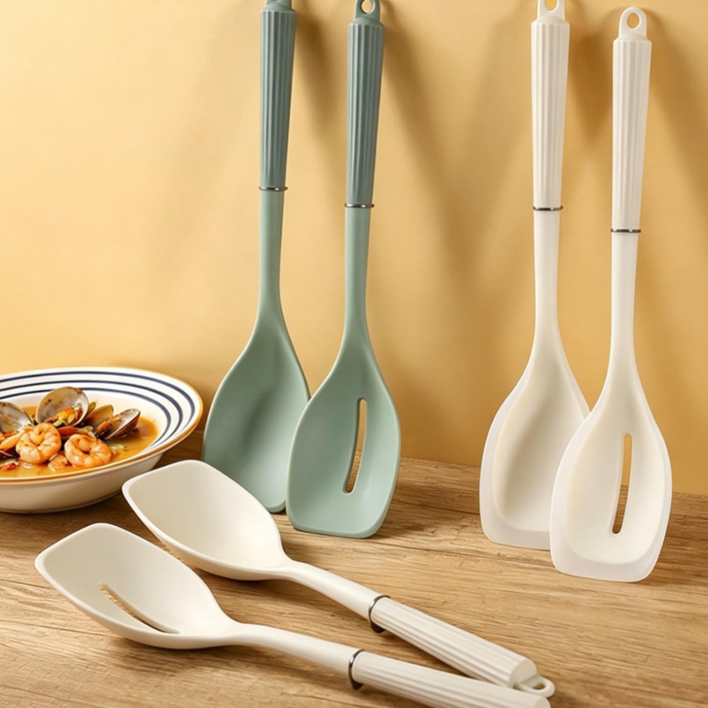 2 Pack Silicone Cooking Spoon Spatulas, Non Stick Large Rubber Spoon Set for Mixing, Serving, Draining, Scraping, 13Inch Heat Resistant Kitchen Utensils, Green+Grey