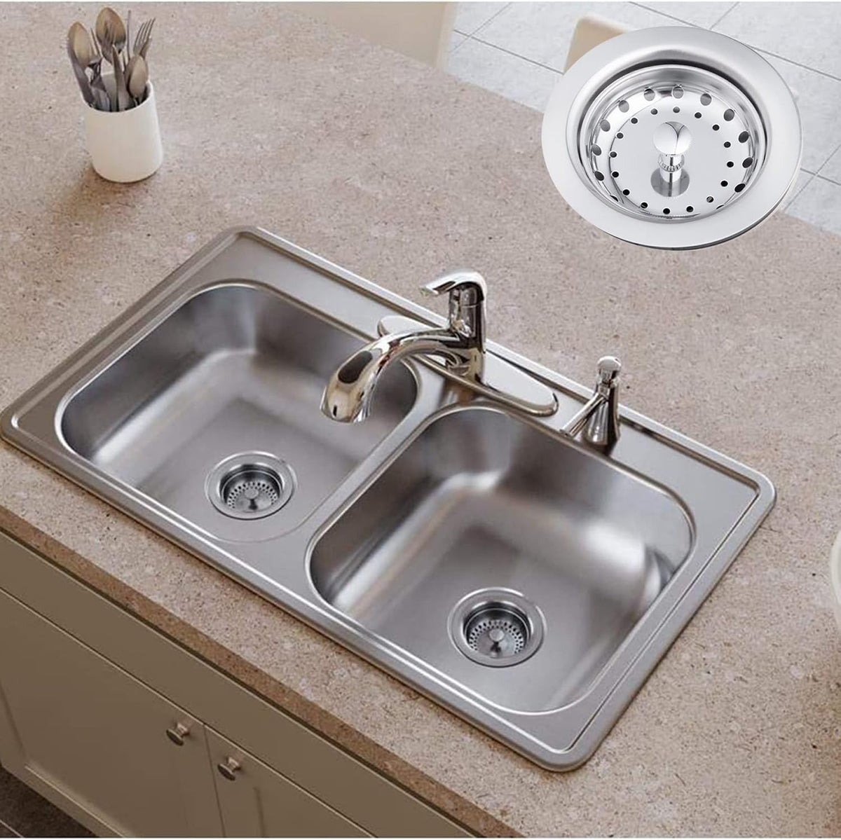 Artiwell 2-Pack Kitchen Sink Basket Strainer and Stopper, 3-1/2” Kitchen Drain Assembly with Strainer and Sink Stopper, Kitchen Sink Strainer with Stopper, Stainless (Brushed Nickel)