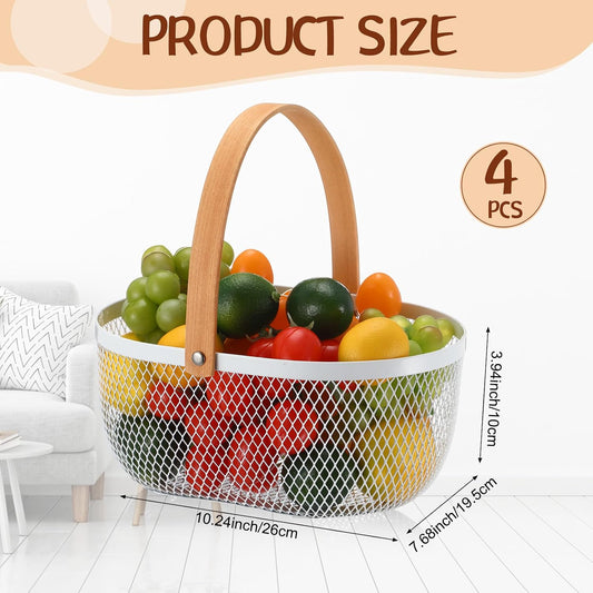 Maxcheck 4 Pcs Oval Metal Wire Storage Basket with Handle for Gathering Vegetables Multi Functional Mesh Basket for Kitchen Bathroom Picnic Home, 10.24 x 7.68 Inch(White)