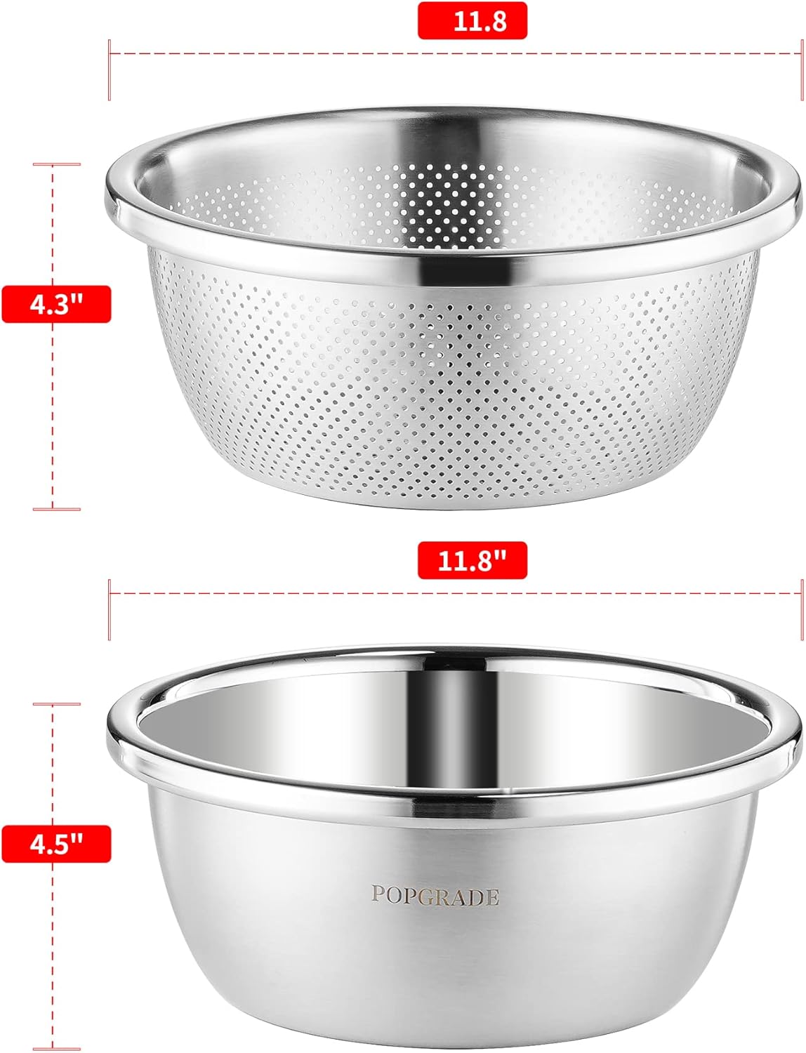 304 Stainless Steel Colander 5QT Microporous Colander & Large Bowl for Kitchen,Rice Strainer with Salad Mixing Bowl for Pasta Straining,Fruit Washing,Vegetable Draining,Food Mixing(2PCs)