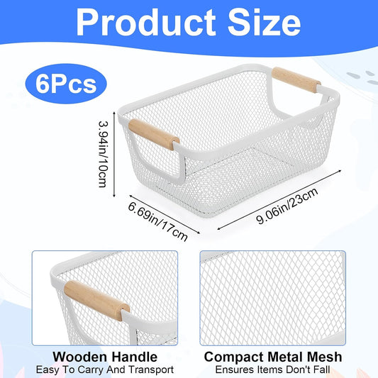 6 Pcs Metal Wire Basket with Wooden Handles, Mesh Steel Storage Organizer Bins for Home Office Kitchen Pantry Closet Fridge Organization, Small Size Cream White