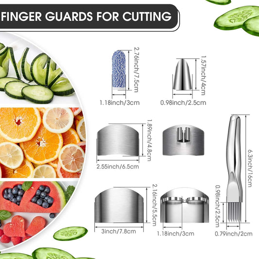 9 Pcs Finger Guard Set for Cutting Includes 4 Stainless Steel Cutting Protector 2 Adjustable Safe Thumb Guard 2 Finger Cot Scallion Cutter Shred Silk Knife to Avoid Hurting When Slicing and Chopping