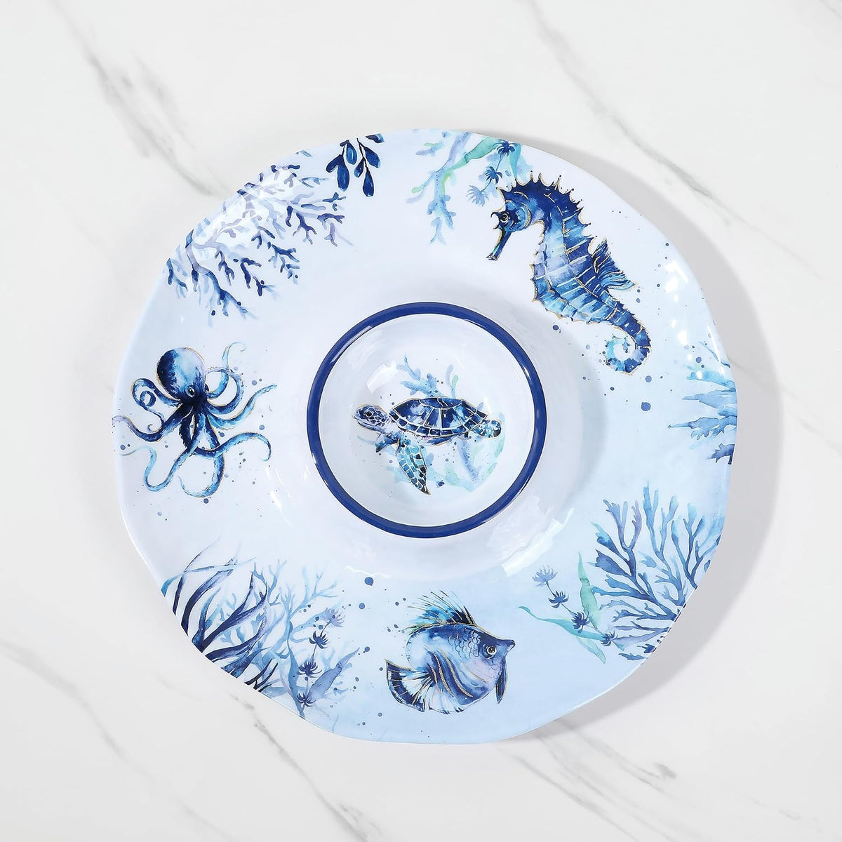 UP Indigo Sea Life Melamine Chip and Dip Serving Tray, Round Serving Platter for Chips, Salsa, Fruit, and Snacks, Blue, 13.5 Inch