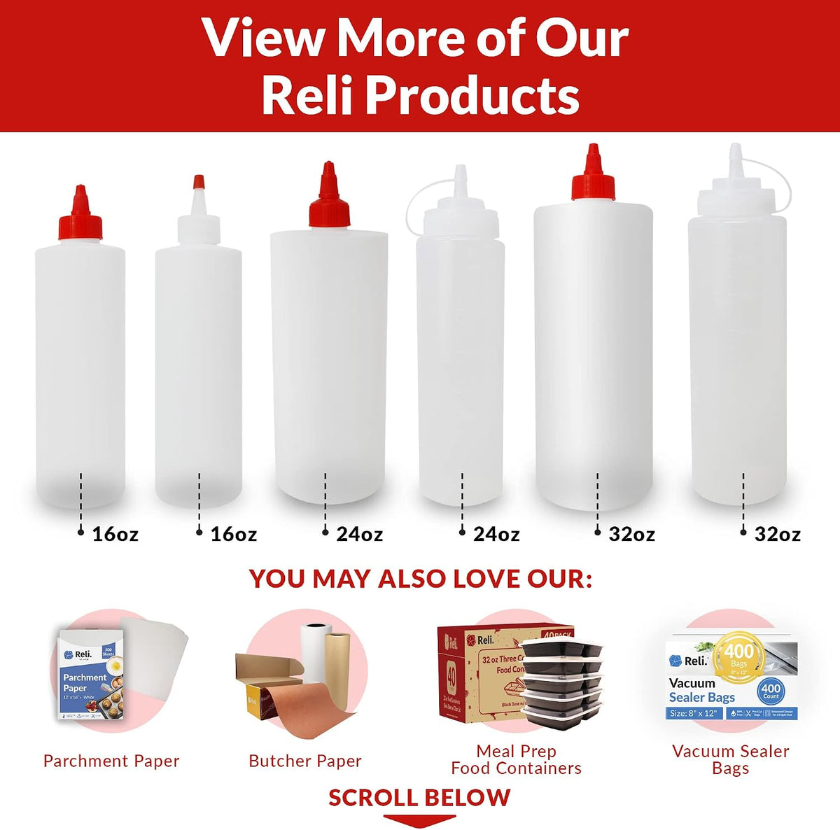 Reli. Plastic Squeeze Bottles 32 oz. | 8 Pack | Clear w/Tethered Caps