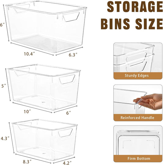 Freebat 12 Pack Middle Organizers and Storage, Pantry Organization and Storage Bins, Cabinet Organizer, Clear Plastic Storage Containers with Handle,Acrylic Storage Bins for Cabinet, Fridge