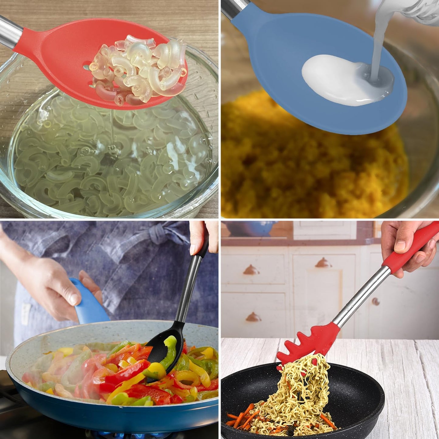 Silicone Spatula and Cooking Spoon,5 Pack Non-Stick Cooking Utensils for Kitchen,Heat Resistant Solid & Slotted Spoons and Spatulas, Stainless Steel Handle Coated with Silicone,Black