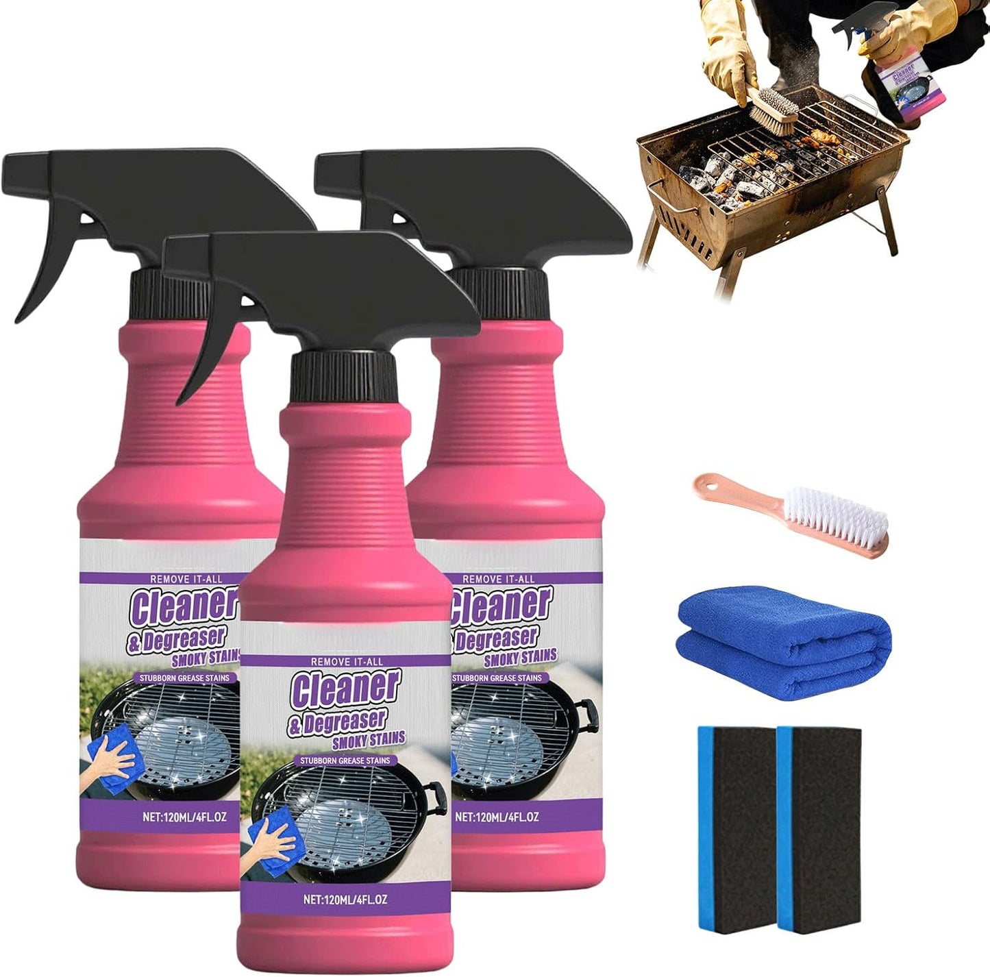 120ml Fast-Acting Heavy-Duty Grill Degreaser Spray,BBQ Grill Cleaner With Cleaning Brush,Quick Foaming,Smoky Stains, And Stubborn Grease (1pcs)