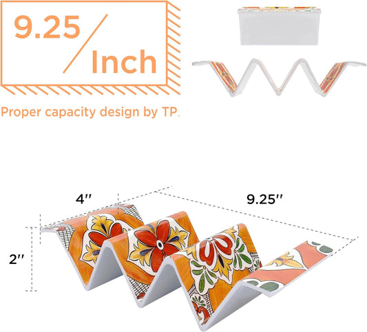 TP Taco Holder Stands, Set of 2 Melamine Large Taco Serving Rack Tray with Handle, Holds 3 Tacos, Dishwasher Safe, Ideal for Taco Night, Party, Home, Fiesta, Talavera Tile