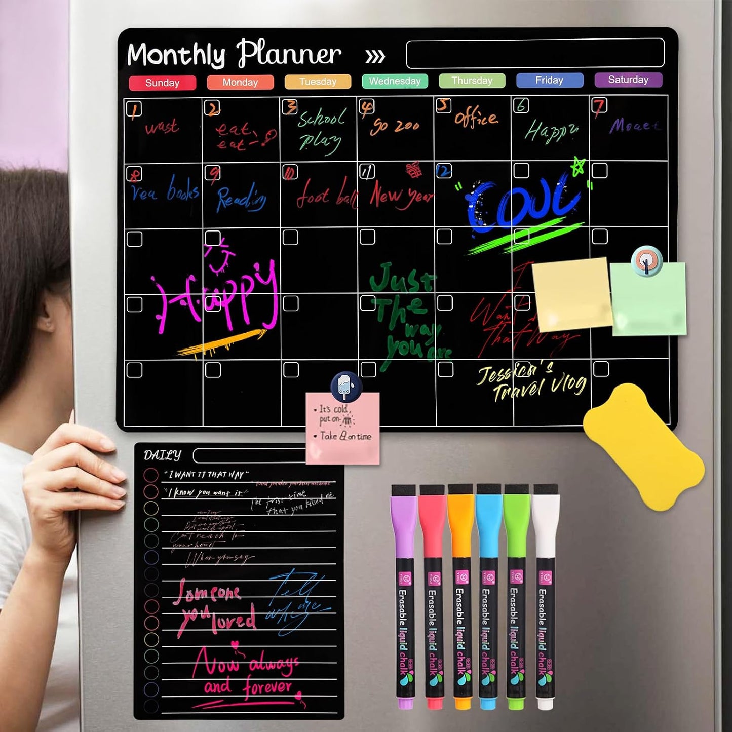 Magnetic Monthly & Weekly & Daily Chalkboard Planner for Fridge - Shopping, Meal/Menu, To Do List, Family Schedule Magnetic Dry Erase Calendar 16"X12"