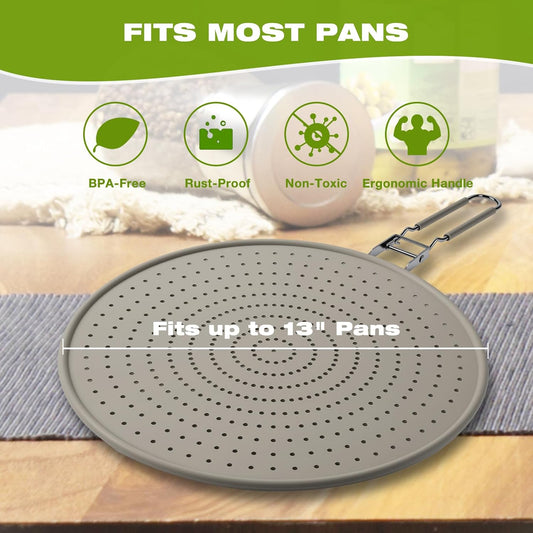 Silicone Splatter Screen for Frying Pan 13 Inch - Grease Splatter Guard with Foldable Handle, Dishwasher Safe & Never Rusts, Fits Most Pans for Stove Top & Bacon Cooking