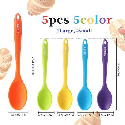 5PCS Silicone Serving Spoons Set, Vituer Heat Resistant Kitchen Spoons for Cooking, Mixing, Stirring and Serving, Dishwasher Safe (5 Pack, Multicolor)