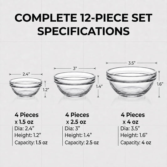 Glass Prep Bowls, 12-Piece Set, 1.5/2.5/4 oz, 3 Sizes