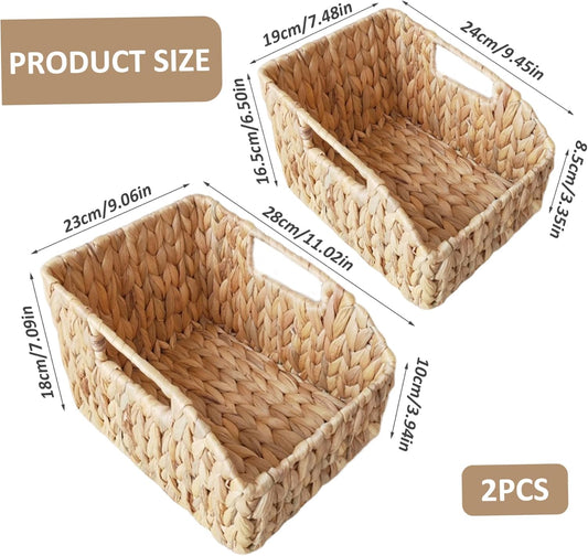2Pcs Woven Basket, Water Hyacinth Wicker Storage Basket with Build-in Handle Rustic Pantry Baskets Organizer for Kitchen Shelves Organizing..