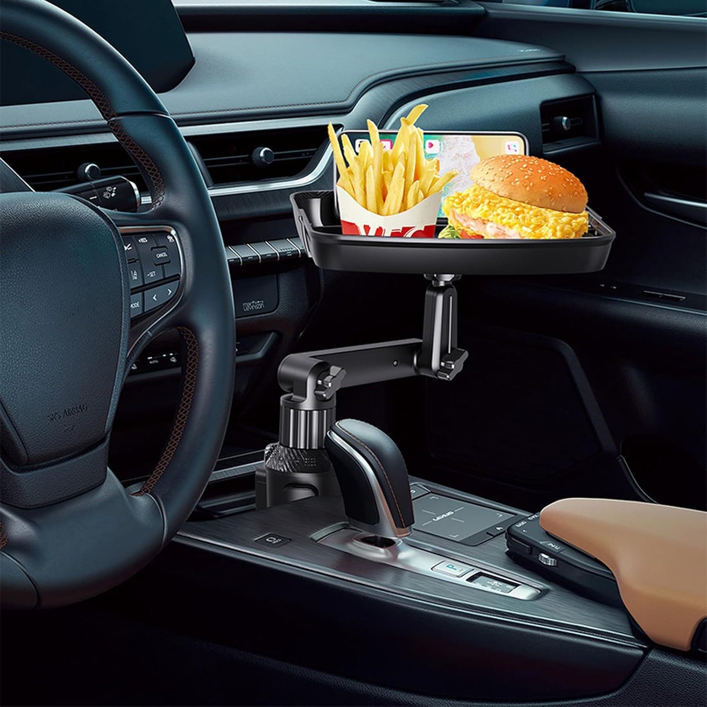 DOUBFIVSY Larger Cup Holder Tray for Car, 10 inch Car Food Tray with Phone Holder Detachable 3 in 1 Car Cup Holder 360° Rotating Food Table Tray Expander for Eating