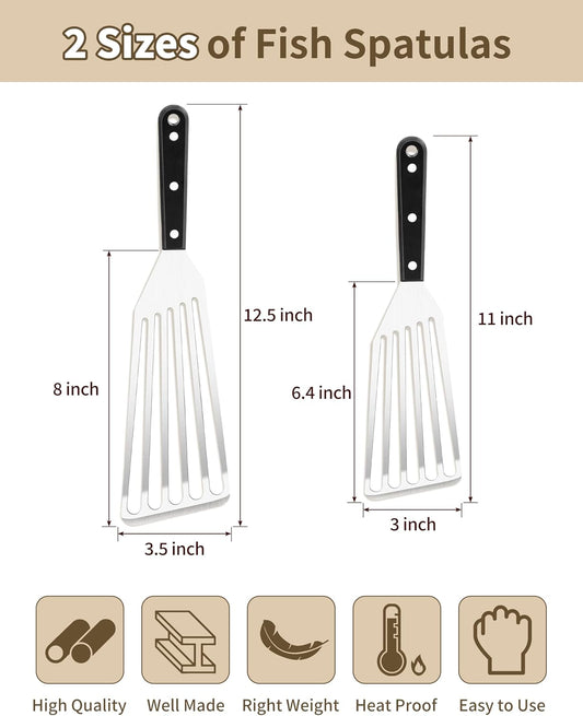 HaSteeL 2 Pack Stainless Steel Fish Spatula, Metal Slotted Turner Set, Griddle Grill Spatula for Kitchen Cooking, Flipping, Turning, Frying $ Grilling, Full Tang ABS Handle, DIshwasher Safe