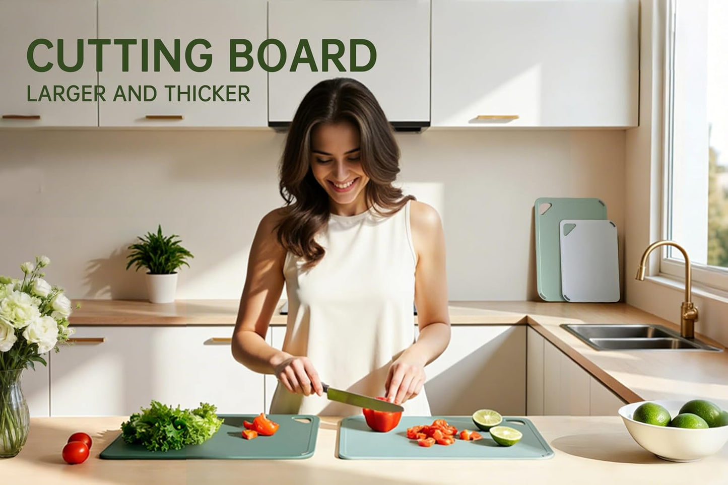 THETCHRY Plastic Cutting Board Set of 4, Extra Large Cutting Board for Kitchen with Non-Slip, Large -Small Chopping Board for Cooking, Bpa Free, with Grip Handle,Green