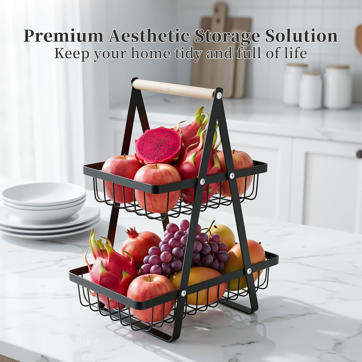 Detachable 2 Tier Fruit Basket for Kitchen Counter, Stainless Steel | Suitable for sorting produce, bread, and snacks in black rectangular baskets with a wooden carry handle for easier access