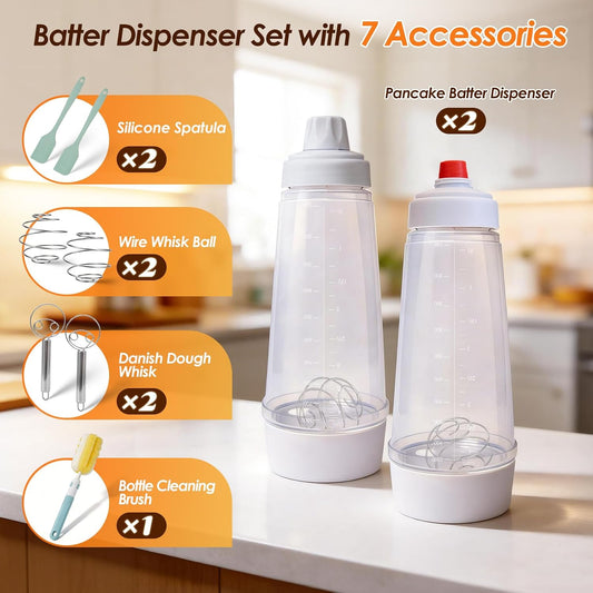 Pancake Batter Dispenser Bottle Kit with 7 Accessories, 2 Pack 34oz