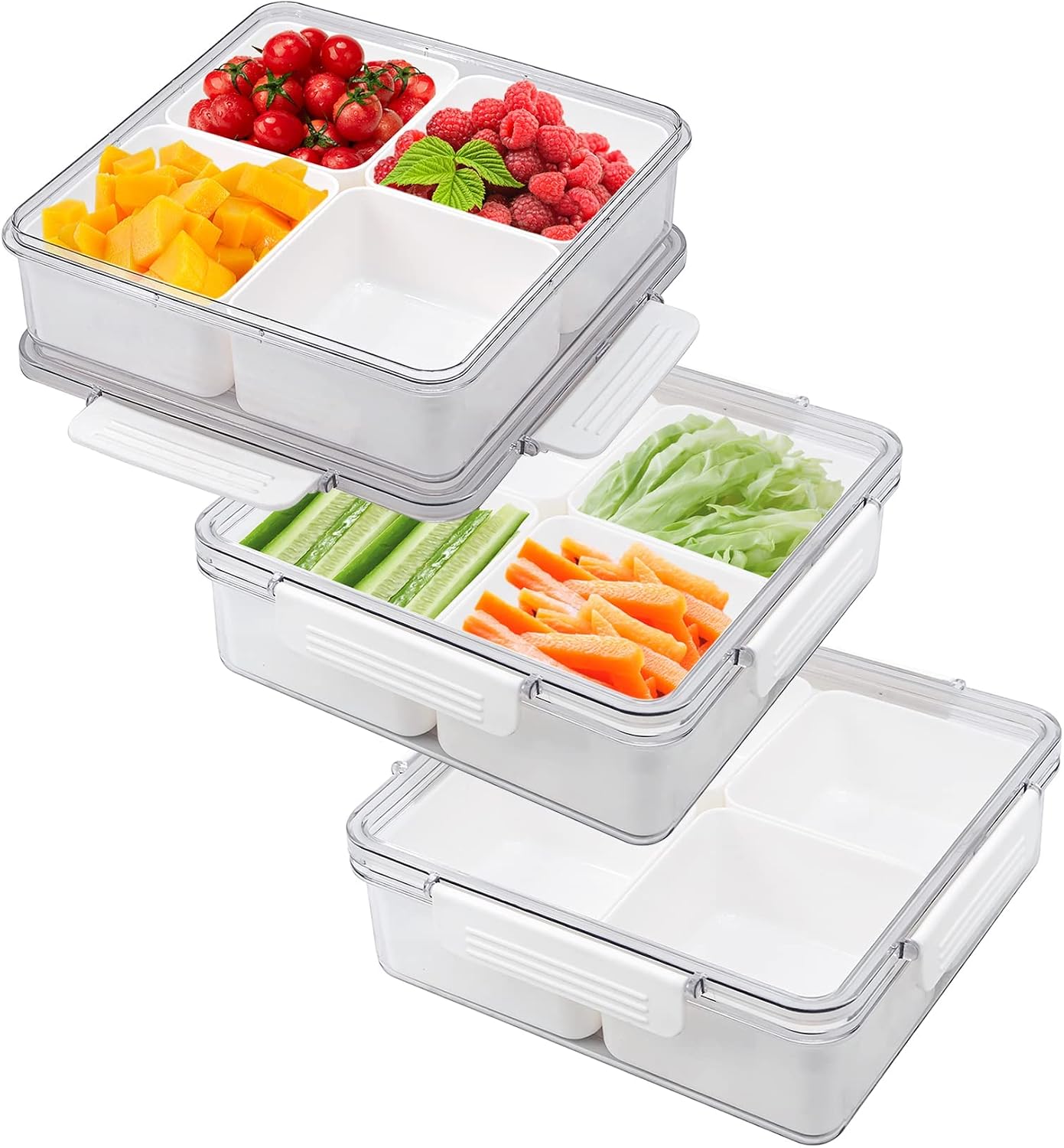 Divided Serving Tray with Lid for Veggie Charcuterie Container Portion Control Salad Keeper with 4 Removable Boxes Stackable Refrigerator Organizer Bins Food Storage Organizer Produce Saver