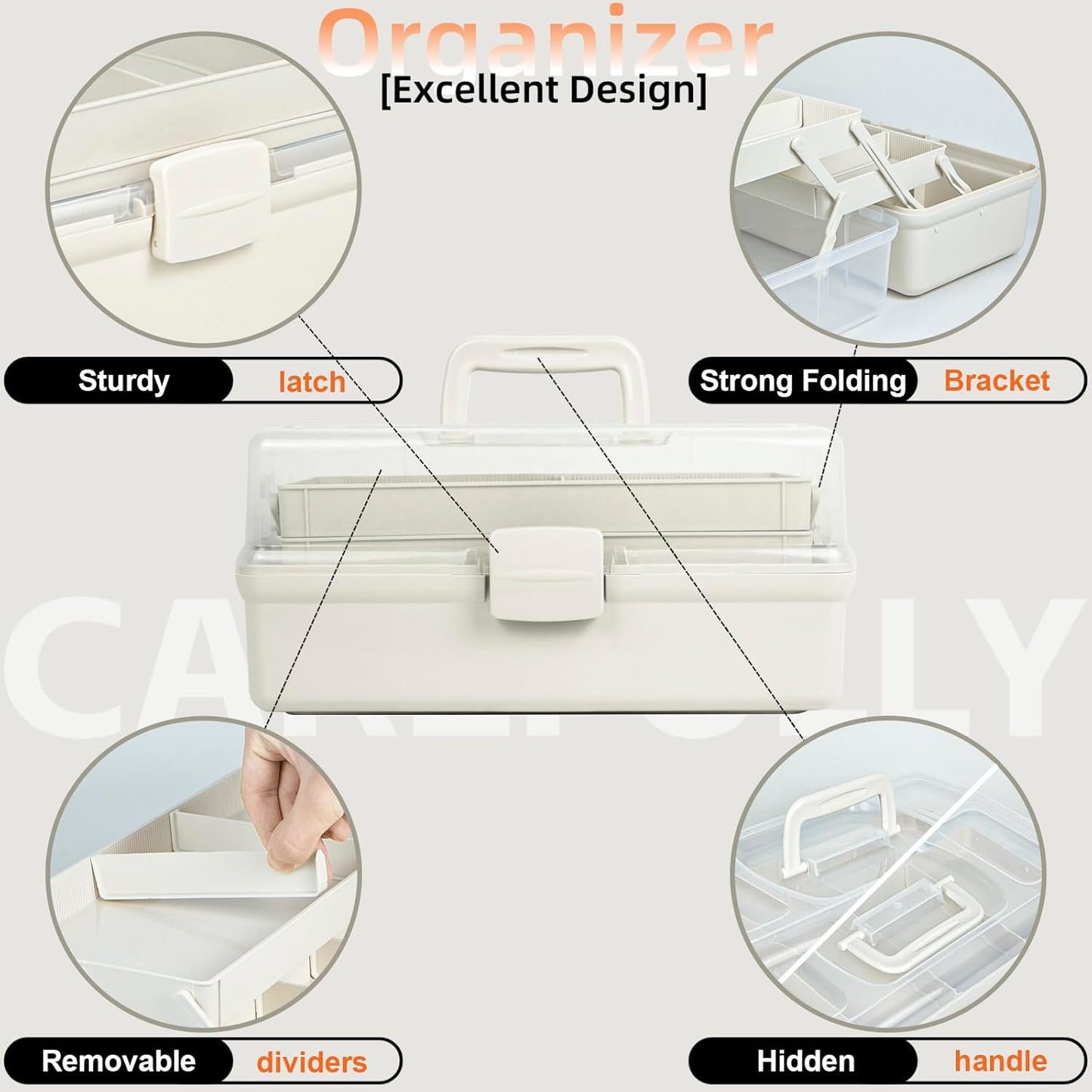 TERGOO 12.5in 3-Layer Multipurpose Craft Organizers and Storage with Adjustable Dividers, Portable Tackle Box, Folding Art & Craft Case for Medicine, Tool, Sewing Organizer (White)
