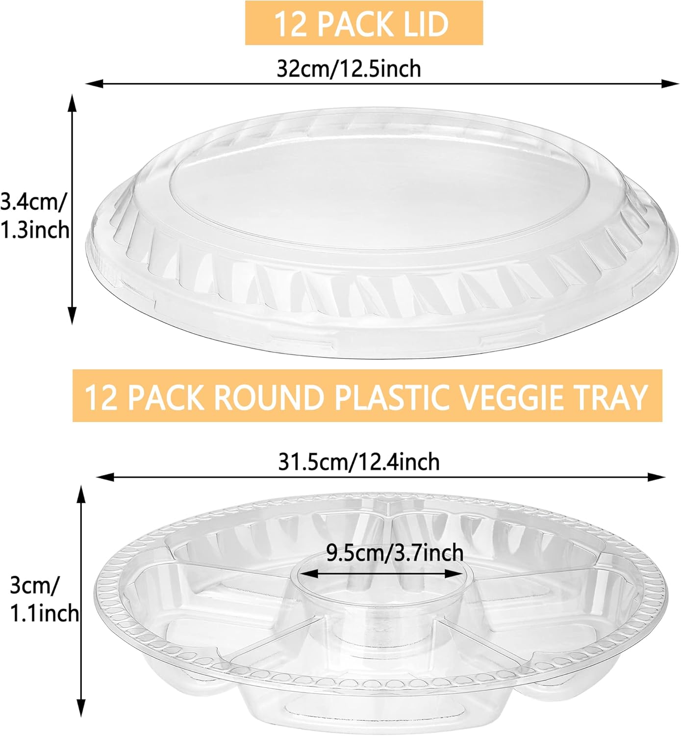 12 Pack Round Plastic Veggie Tray with Lid Fruit Tray 6 Divided Compartment Container Food Serving Dip Platter Reusable Catering Trays for Veggie Fruit Snack Party and Buffet Trays(Clear,10inch)