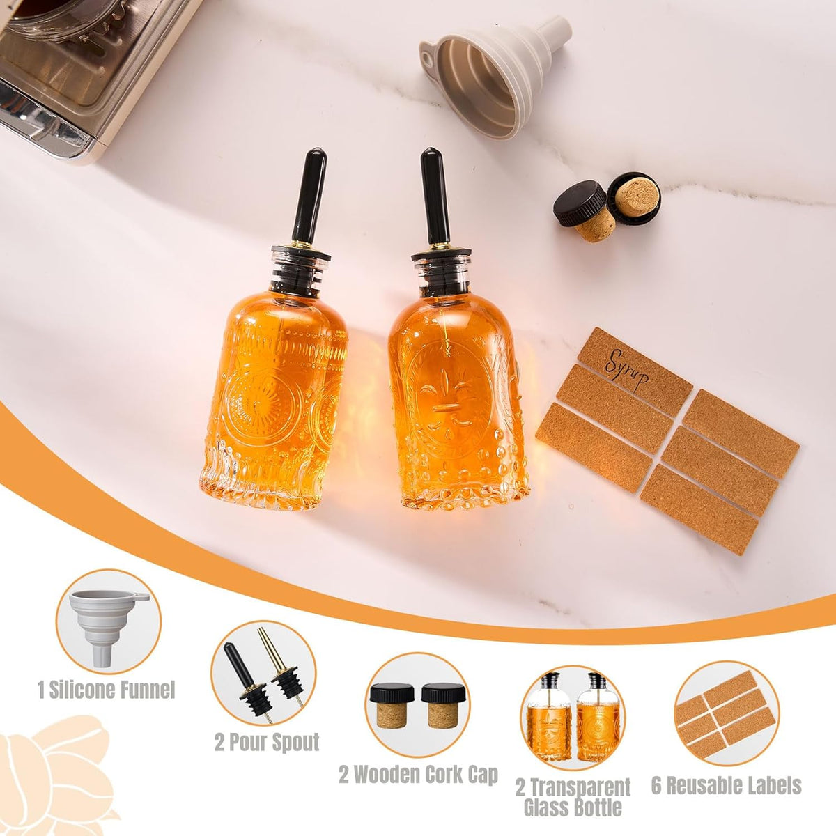 Baalaka Syrup Bottles, Glass Coffee Syrup Dispenser Set, 2-Pack, 7 oz Each
