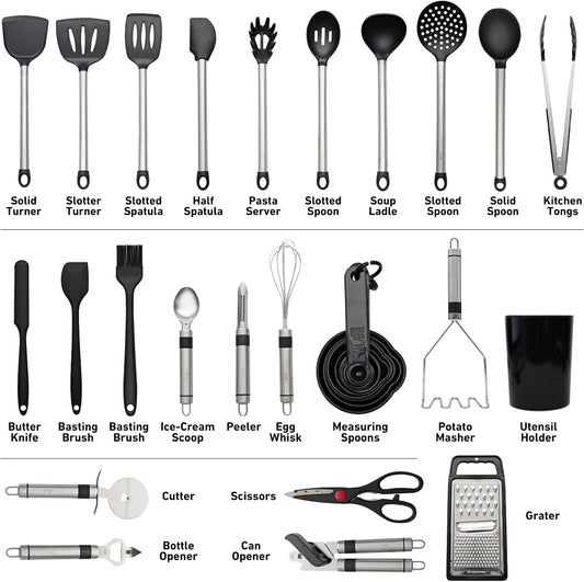 Silicone Kitchen Utensils Set 33 PCS Heat Resistant Food Grade Silicone Utensils Set for Cooking with Stainless Steel Handles BPA Free Kitchen Gadgets Tools Set with Holder Safe for Nonstick Cookware