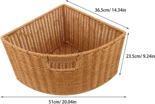 Woven Triangle Corner Storage Basket with Handles Shelf Laundry Basket | Plastic Rattan-Style Basket Fits Shelf Corners, Cabinets, Counters or Bathrooms for Towels, Laundry, Toys and Pantry Items