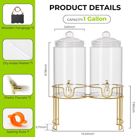 Glass Drink Dispensers For Parties, 2 PACK 1 Gallon Beverage Dispenser With Stand And Spigot Leak proof. Lemonade Dispenser With Ice Cylinder and Chalk board