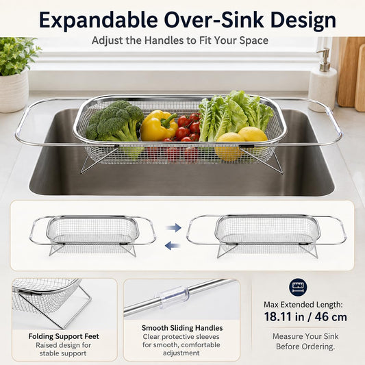 Expandable Over the Sink Colander, 14.6 x 10.6 Inch Stainless Steel Mesh Strainer Basket with Extendable Handles and Folding Feet for Washing Fruit, Vegetables and Draining Dishes, Large