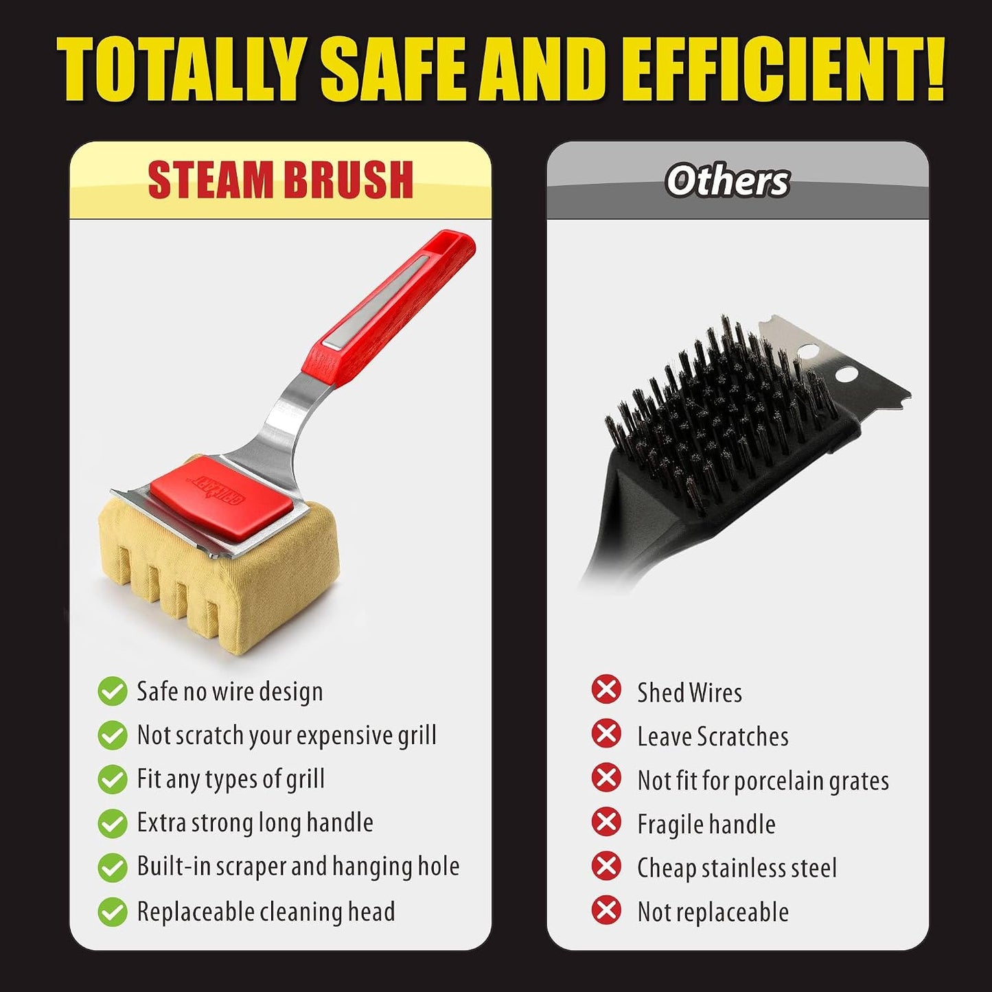 GRILLART Grill Brush Bristle Free. SteamWizards BBQ Replaceable Cleaning Head, Seamless-Fit Scraper Tools for Cast Iron/Stainless-Steel Grates Griddle, Safe Barbecue Grill Cleaner Brush-Dark Black