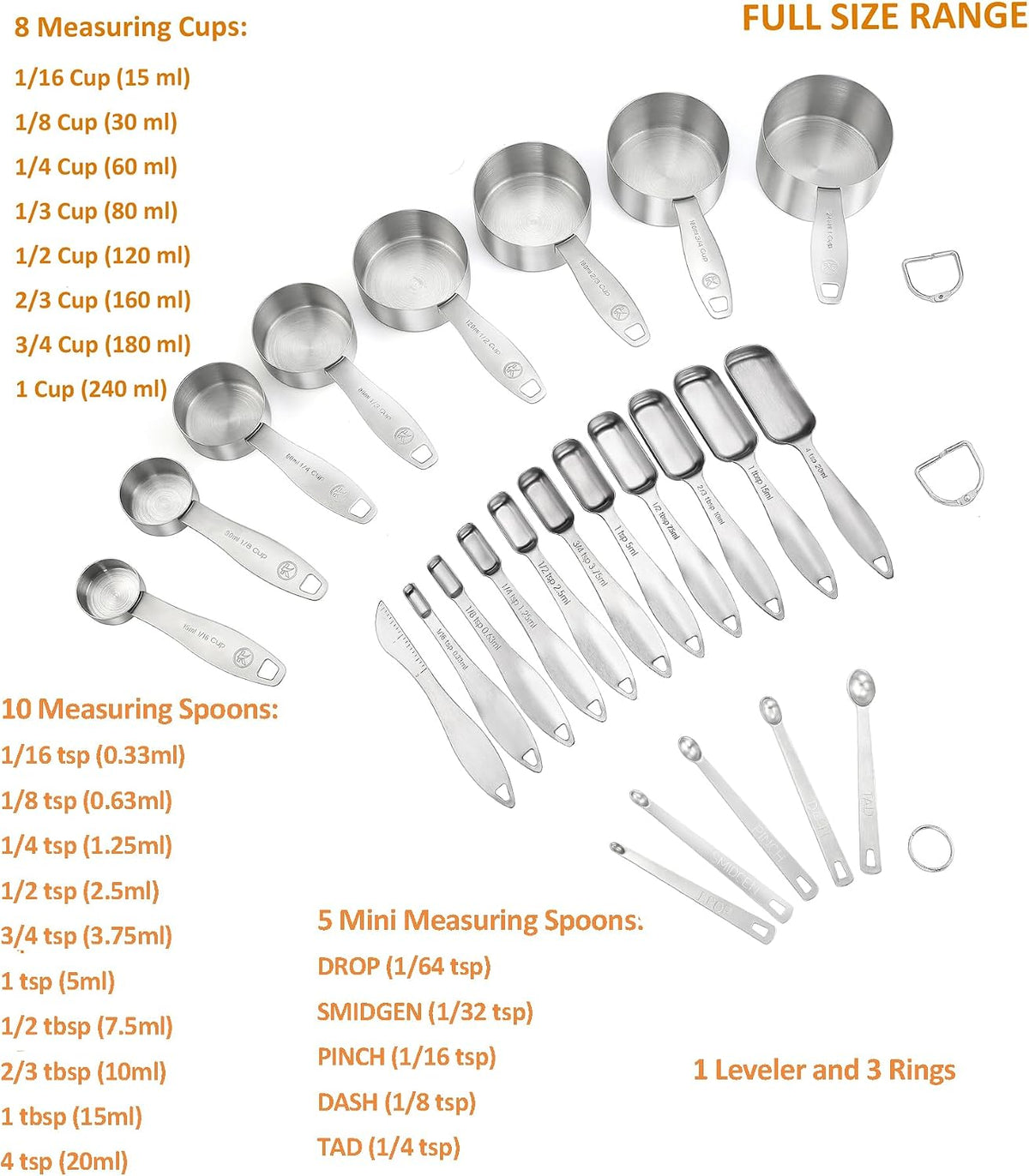 18/8 Stainless Steel Measuring Spoons Set of 16 Pieces, Includes 10 Narrow, 1 Leveler and 5 Mini Spoons
