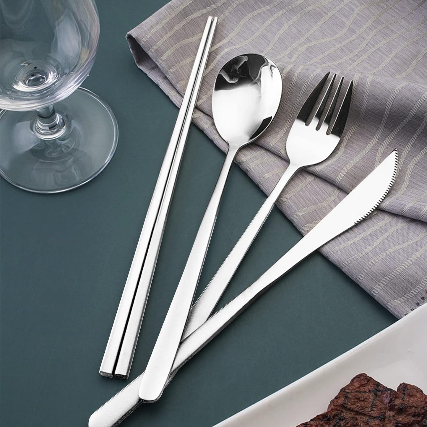 VANRA 4-Piece Portable Travel Utensils Set with Case 18/8 Stainless Steel Flatware Set Reusable Cutlery Set with Fork Spoon Knife Chopstick for Lunch Travel Camping School Work Picnic (Pink)