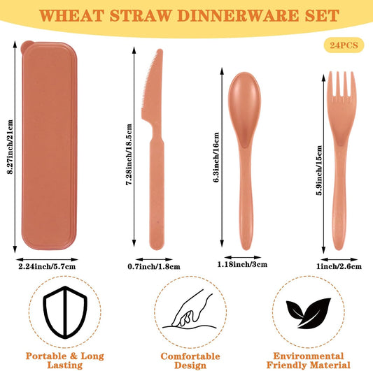 24 Sets Reusable Travel Utensils Set with Case, Wheat Straw Portable Knife Fork Spoons Cutlery, Eco-Friendly BPA Free Plastic Tableware for Kids Adults Travel Picnic Camping Utensils (8 Colors)
