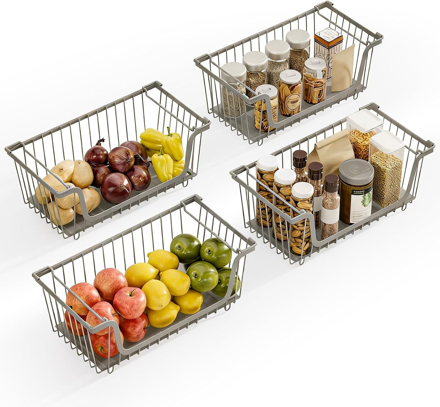 4 Pack Stackable Wire Baskets with Handles for Pantry Organizers and Storage, Fruit and Vegetable wire storage baskets, Potato and Onion Storage Bin, Metal Baskets for Organizing Snacks, Cans (White)
