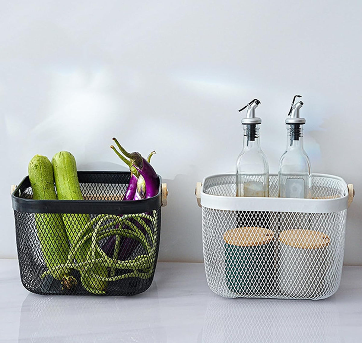 Cheardia 2 Pack Picnic Baskets, Metal Mesh Harvest Basket with Foldable Wooden Handle, Rectangle Garden Storage Basket Bin for Vegetable Fruit Garden Kitchen Cabinet Picking Gathering