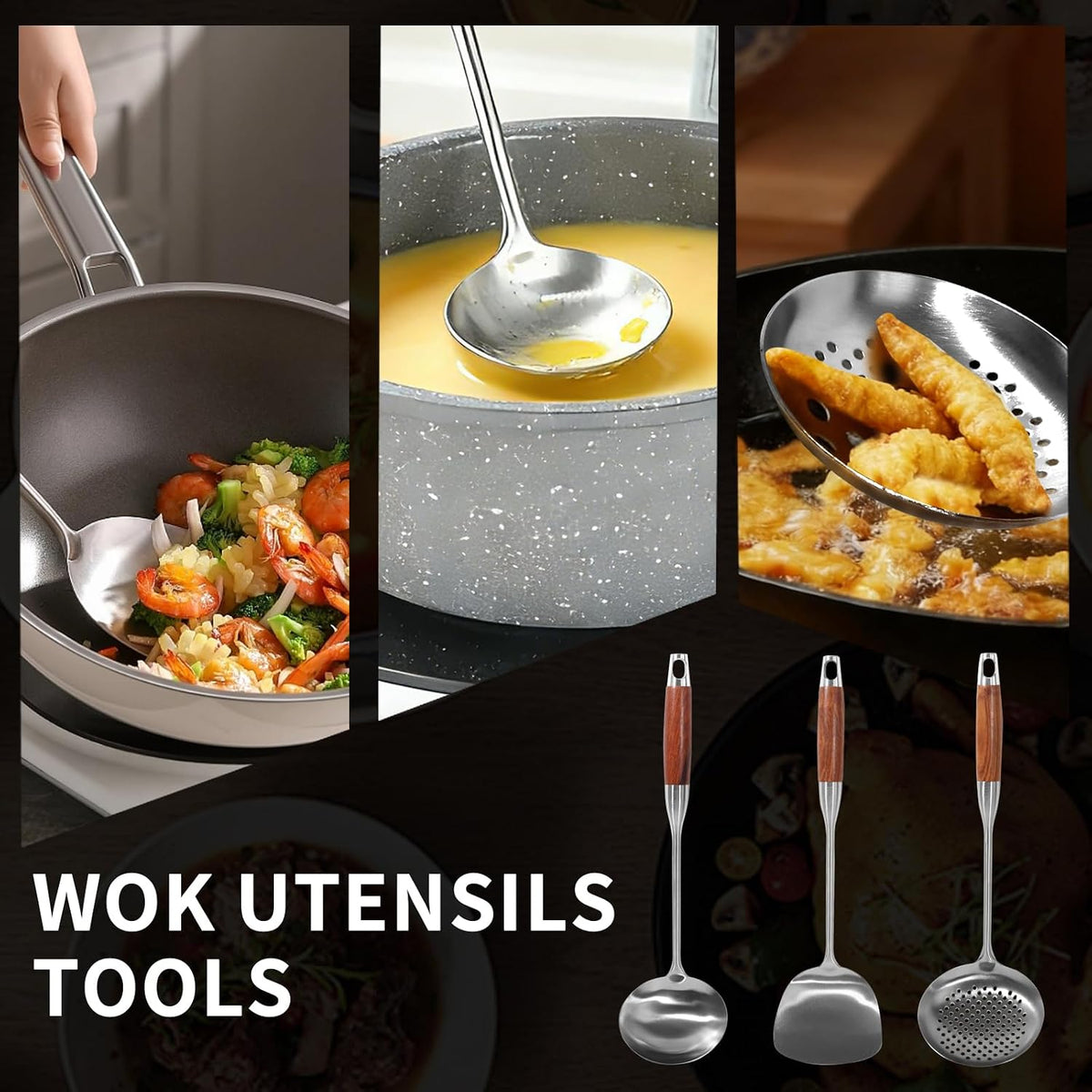 304 Stainless Steel Wok Utensils Set, 3-Piece 15 Inch Extra Long Professional Wok Tools with Wooden Handle, Includes Spatula, Skimmer & Soup Ladle for Carbon Steel Wok