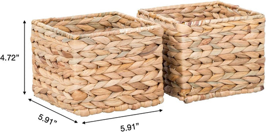 3-Piece Woven Water Hyacinth Storage Basket Set – Large Rectangular 16.1" x 6.7" x 5.9", 2 Small Square 5.9" x 5.9" x 4.7", for Pantry or Shelf