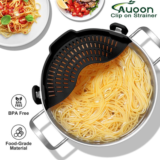 AUOON Clip On Strainer Silicone for All Pots and Pans (Black, Large) & AUOON Collapsible Colander Set (3QT + 4QT) with Draining Base (White+Gray)