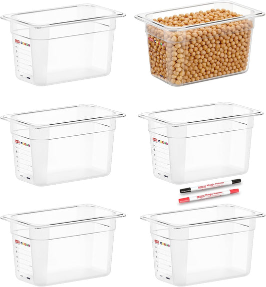 6 -Pack 1/4 Size 6" Deep Polycarbonate Food Pans, and Handled & Notched Lids Bundle