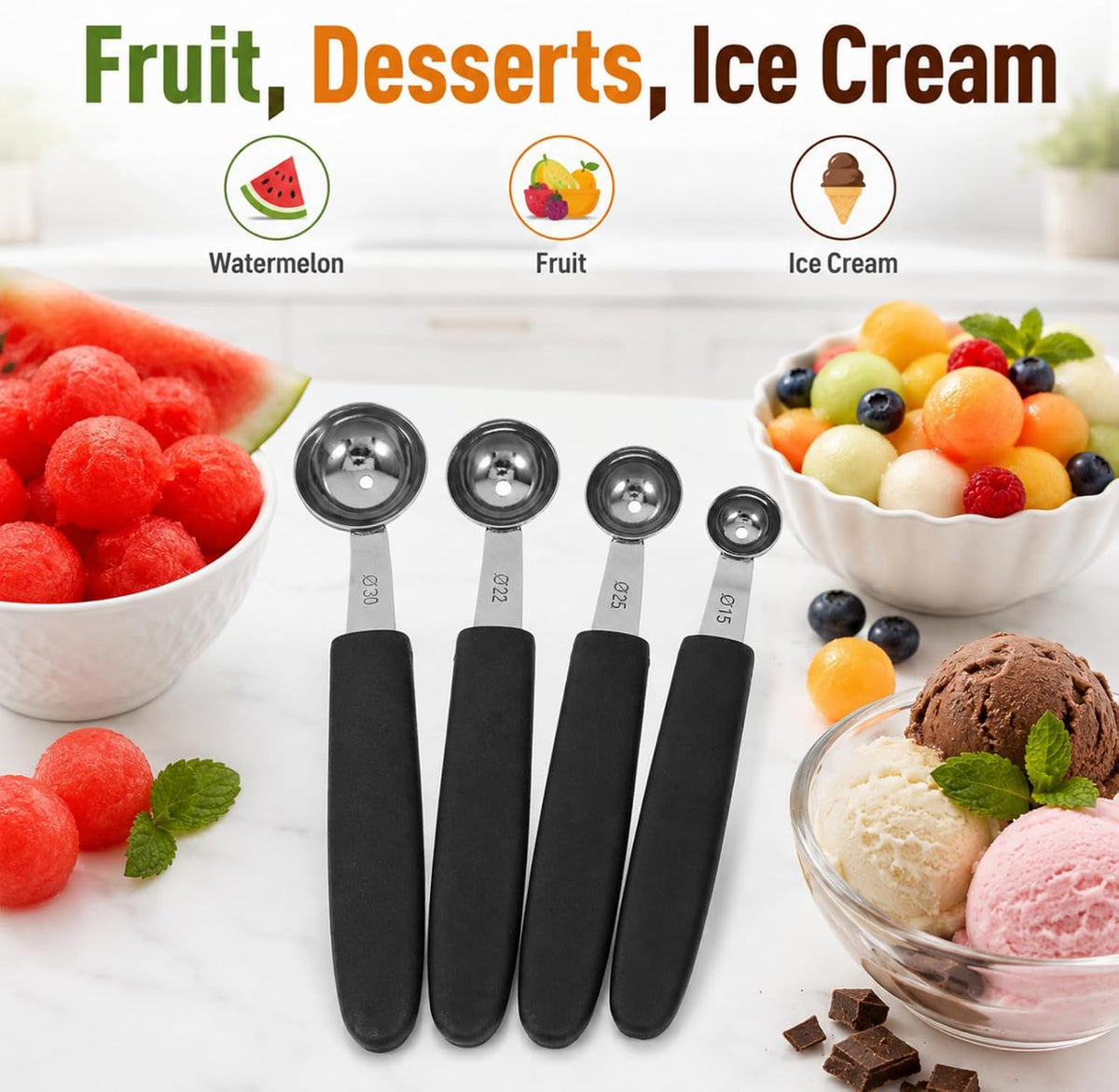 4 Pack Melon Baller Scoop Set, Stainless Steel Fruit Scoopers