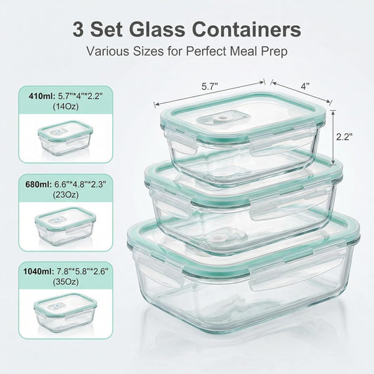 High Borosilicate Glass Food Storage Containers,Stackable Meal Prep Containers with Airtight Plastic Lids,BPA-Free, Leak-Proof,Reusable for Microwave, Oven, Freezer and Dishwasher,3Piece Set