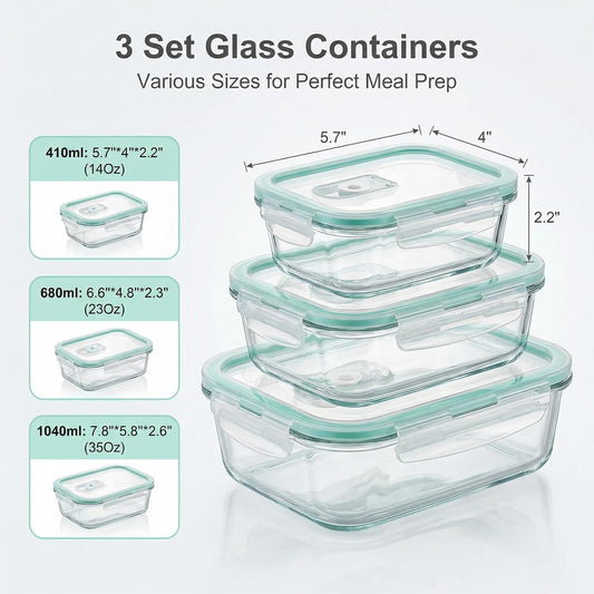 High Borosilicate Glass Food Storage Containers,Stackable Meal Prep Containers with Airtight Plastic Lids,BPA-Free, Leak-Proof,Reusable for Microwave, Oven, Freezer and Dishwasher,3Piece Set